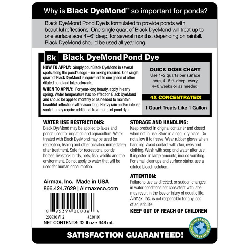 Airmax Black DyeMond Pond Dye 4X Concentrate for Outdoor Ponds & Lakes, Natural Pond Color& Beauty Enhancer, Swimming Safe Water Colorant, Easy Liquid Application, 1 Quart - Image 2